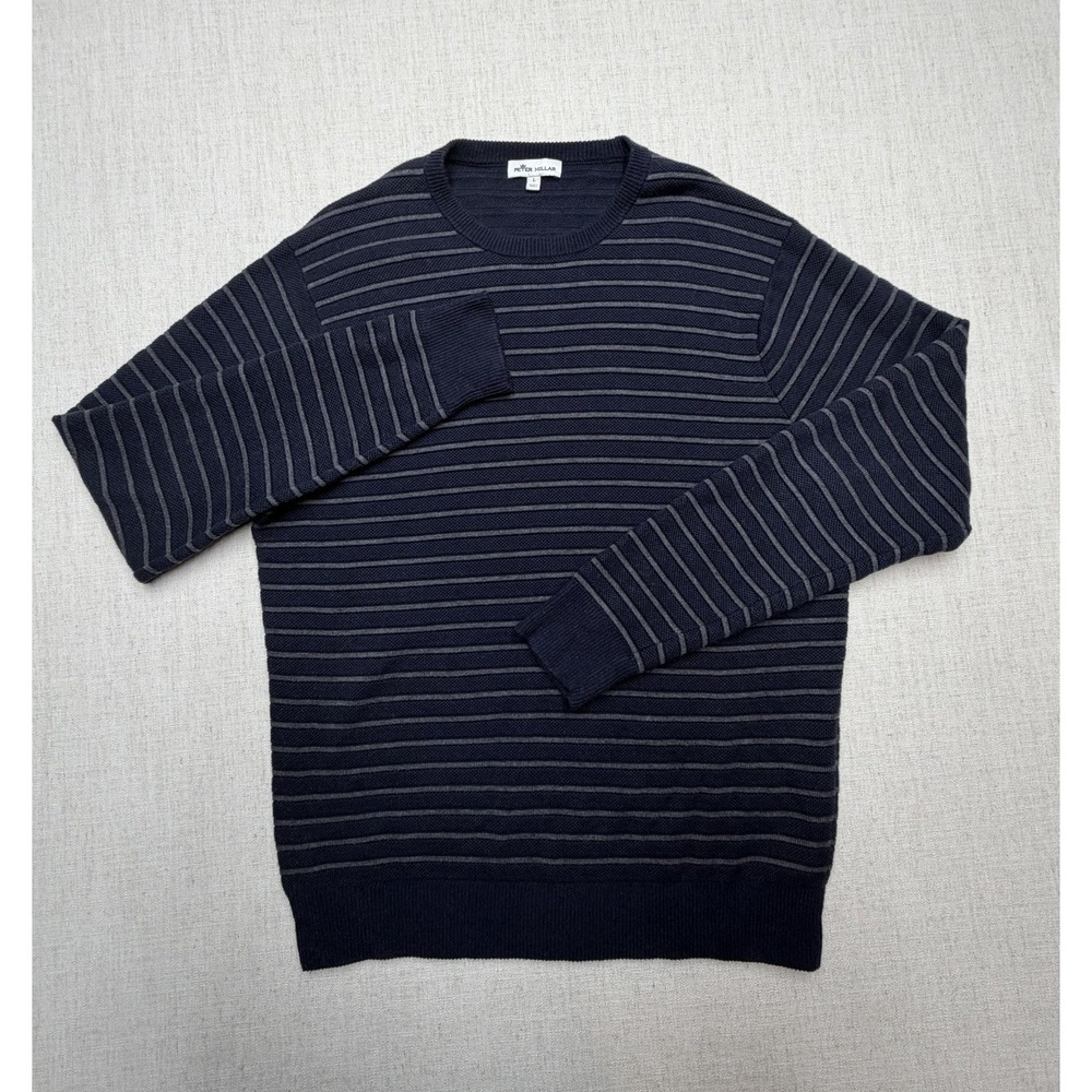 Peter Millar Mens Large Navy Grey Striped Cotton Merino Wool Sweater Crewneck